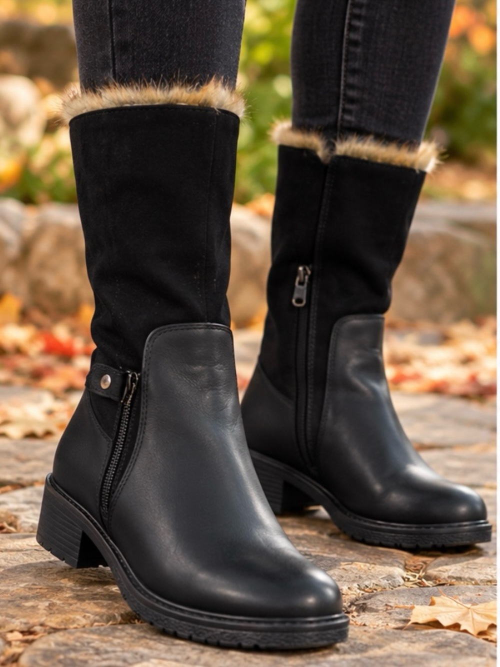 Patrizia by Spring Step Black Faux-Fur Cuff Boots – Size 39